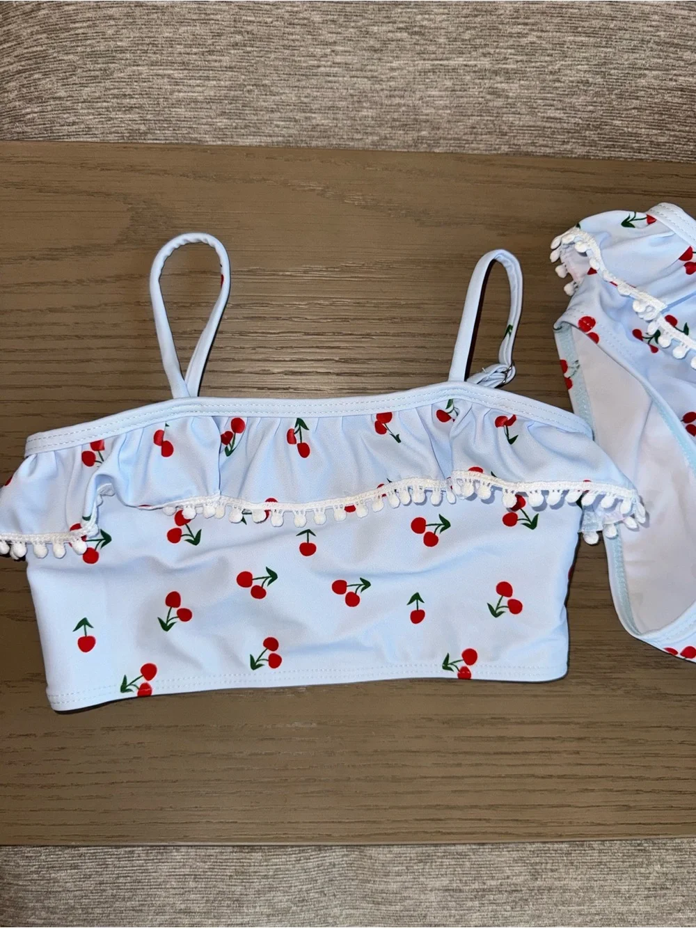 SHEIN White Cherry Print Ruffle Bikini Set with Pom Trim